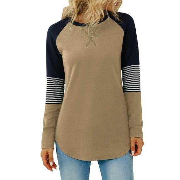 TEMOFON Women Long Sleeve Shirts Casual Crewneck Sweatshirts Loose Fit Striped Tunic Tops Fashion Color Block Girls T Shirts