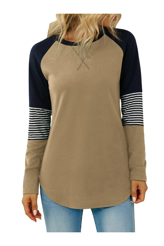 Women Long Sleeve Shirts Casual Crewneck Sweatshirts Loose Fit Striped Tunic Tops Fashion Color Block Girls T Shirts