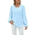 thumbnail image 1 of TEMOFON Women Long Sleeve T Shirts Pleated Chiffon Tunic Tops Crewneck Puff Sleeve Blouses Solid Color Loose Shirts for Women, 1 of 3