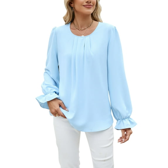 TEMOFON Women Long Sleeve T Shirts Pleated Chiffon Tunic Tops Crewneck Puff Sleeve Blouses Solid Color Loose Shirts for Women
