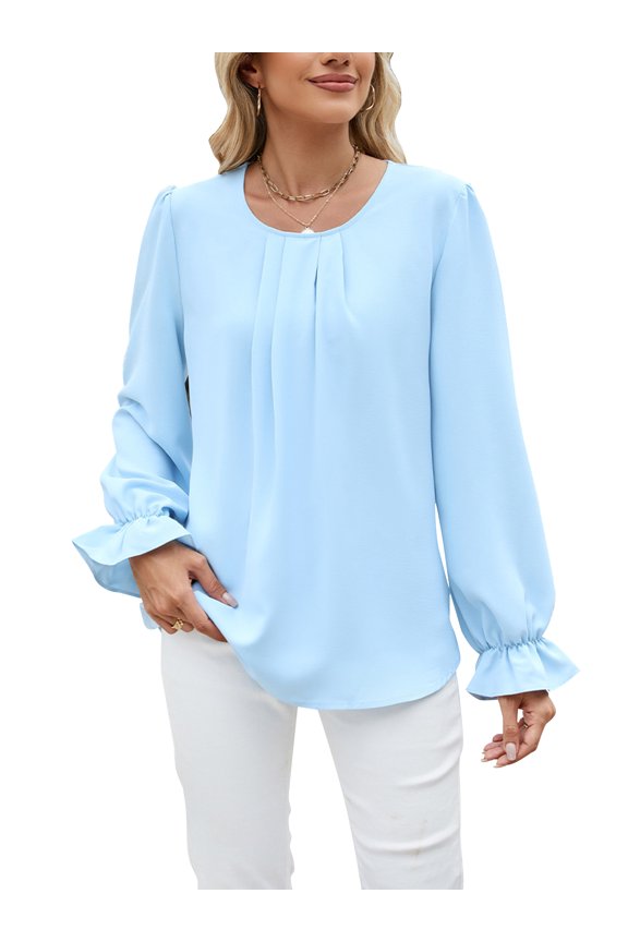 Women Long Sleeve T Shirts Pleated Chiffon Tunic Tops Crewneck Puff Sleeve Blouses Solid Color Loose Shirts for Women