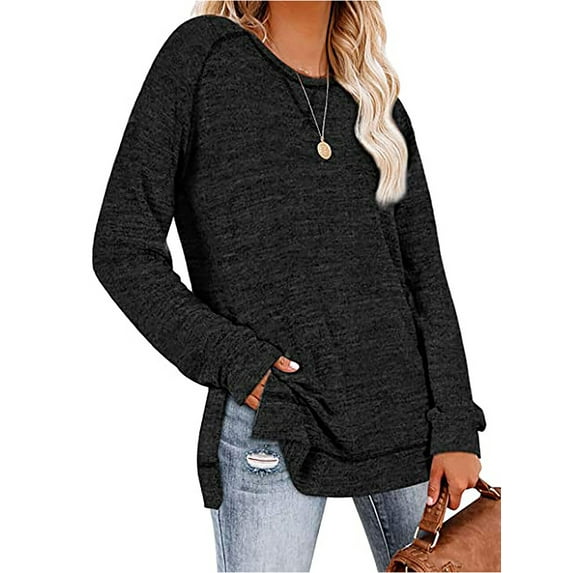 TEMOFON Women Long Sleeve T Shirts Side Slit Crewneck Sweatshirts Fall Casual Tunic Tops Trendy Black Loose Shirts for Women