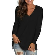 TEMOFON Women Long Sleeve Tops Comfy Solid Color T Shirt V Neck Basic Tunic Shirts Loose Casual Fall Blouse Black Tee