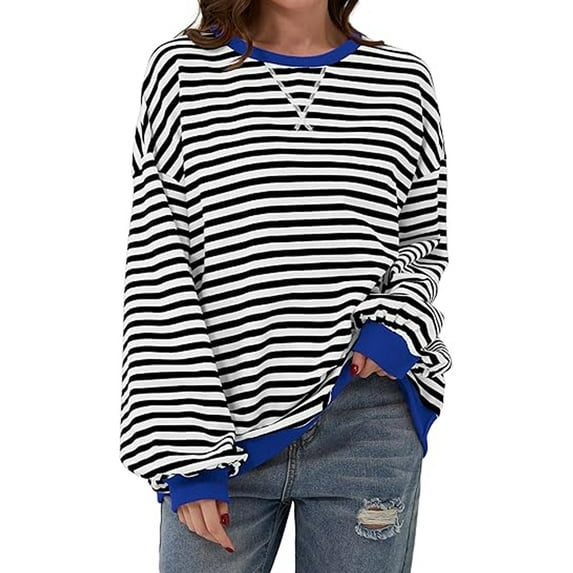 TEMOFON Women Long Sleeve Tops Crewneck T Shirts Casual Striped Shirts Color Block Tops Loose Pullover Fall Winter Sweatshirts for Women Oversized Fashion Tunic Tops Outfits Size M
