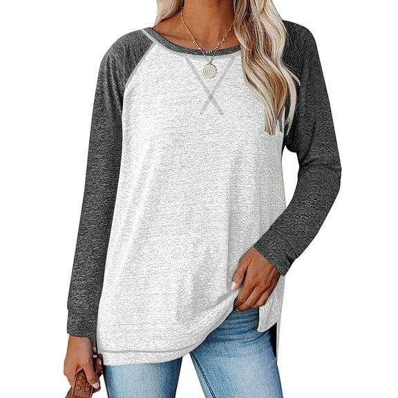TEMOFON Women Long Sleeve Tops Plus Size Casual Fall T Shirts Round Neck Color Block Loose Tunic Tops Casual White Tees