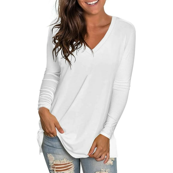 TEMOFON Women Long Sleeve v neck Shirts Comfy tunic top fall Solid Color Tops Casual Basic Tunic Loose Fall Blouse White Tee