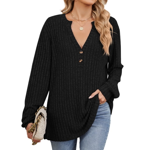 TEMOFON Women Long Sleeves Tops Fall Casual V Neck Tunic Tops Loose Knit Trendy Black Sweater for Women Size L