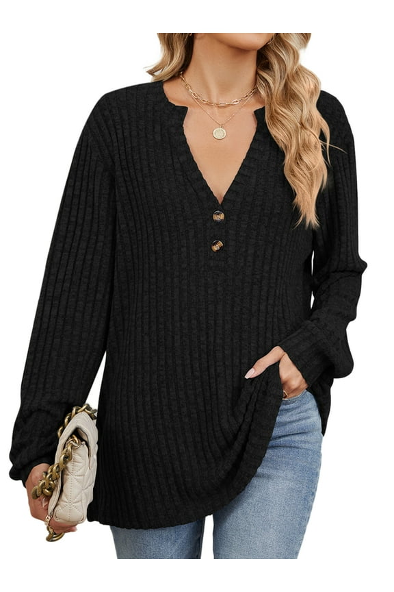 Women Long Sleeves Tops Fall Casual V Neck Tunic Tops Loose Knit Trendy Black Sweater for Women Size S