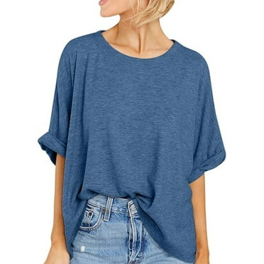 TEMOFON Women Loose Tops for Summer Casual Short Sleeve Tshirts Fashion Crew Neck Shirts Solid Color Blue Basic Tee Plus Size L