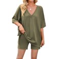 thumbnail image 1 of TEMOFON Two Pieces Sets for Women Lounge Pajamas Oversized V Neck T Shirts Tops Biker Shorts Set Loungewear Outfits Tracksuit, 1 of 6