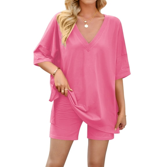 TEMOFON Women Pajamas 2 Piece Lounge Sets Oversized V Neck T Shirts Tops Biker Shorts Set Loungewear Outfits Tracksuit