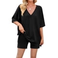 thumbnail image 1 of TEMOFON 2 Piece Sets for Women Summer Loungewear Outfits Oversized V Neck T Shirts Tops Biker Shorts Set Lounge Pajamas Tracksuit, 1 of 6
