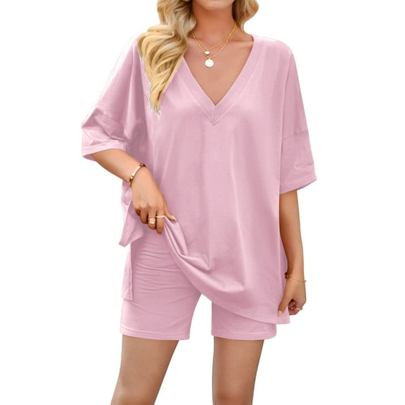 TEMOFON Women Lounge Sets 2 Pieces Pajamas Oversize Loungewear Matching Outfits T Shirt Biker Shorts Sleepwear Sweatsuits