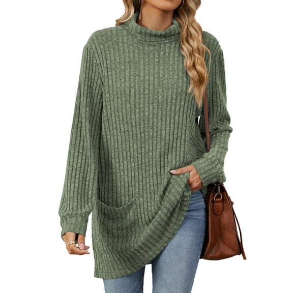 TEMOFON Womens Plus Size Sweaters Long Sleeve Tunic T Shirts Casual Fall Turtleneck Tops Loose Knit Pullover for Women with Pocket
