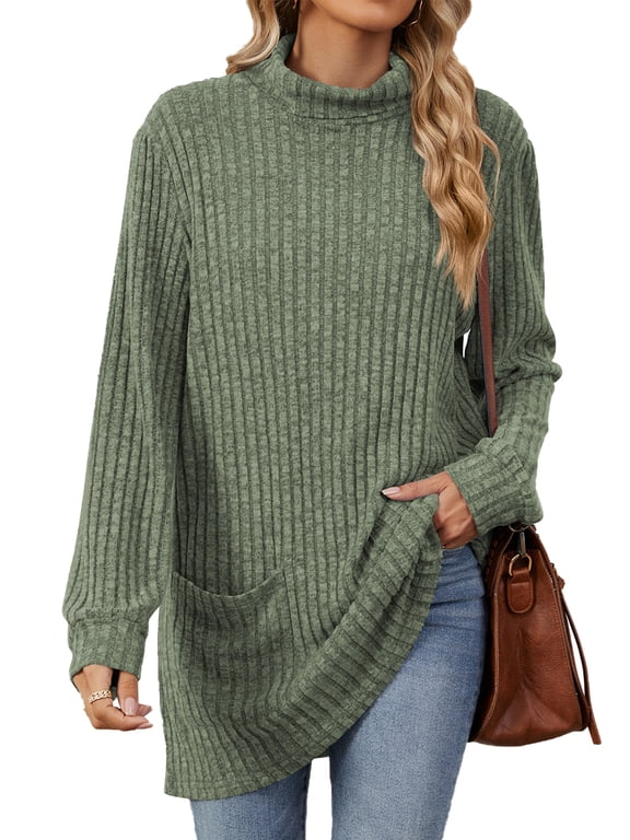 Womens Plus Size Sweaters Long Sleeve Tunic T Shirts Casual Fall Turtleneck Tops Loose Knit Pullover for Women with Pocket