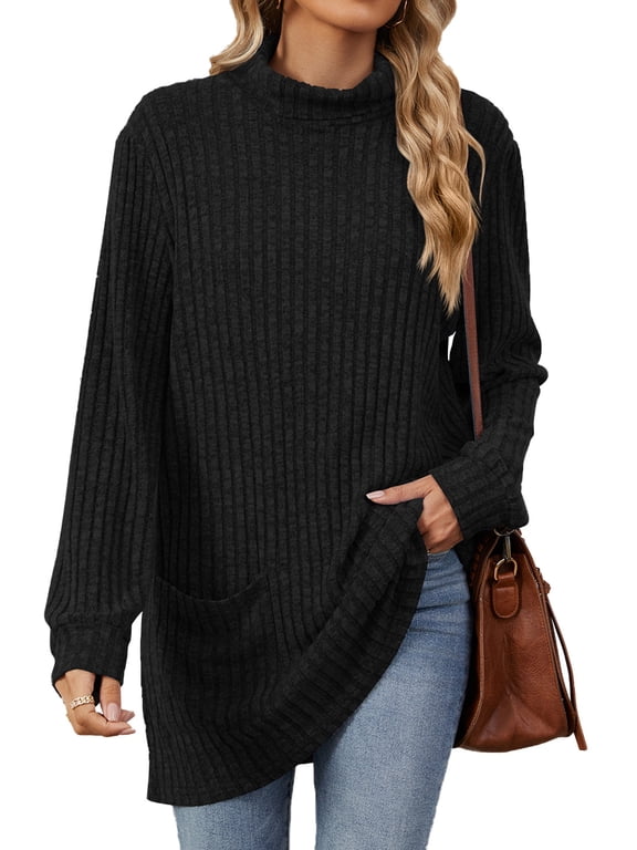 Womens Plus Size Sweaters Long Sleeve Tunic Tops Casual Fall Turtleneck Soft Sweaters Comfy Shirts Loose Knit Pullover for Women Winter Clothes with Pocket