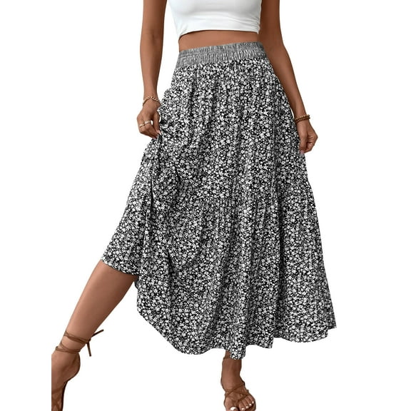 TEMOFON Women Skirts Long High Waist Ladies Elasticized Summer A Line Skirts for Work Office Ruffled Hem Floral Skirts