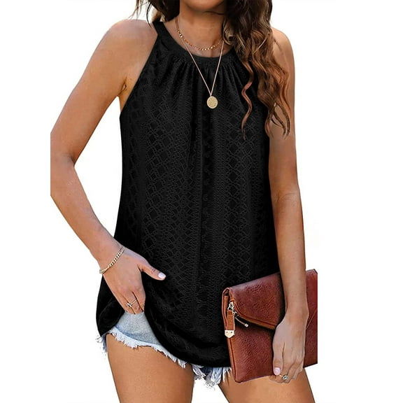 TEMOFON Women Sleeveless Tops Summer Casual Tank Top Round Neck Blouses Trend Solid Black Tee Shirts for Women Size M