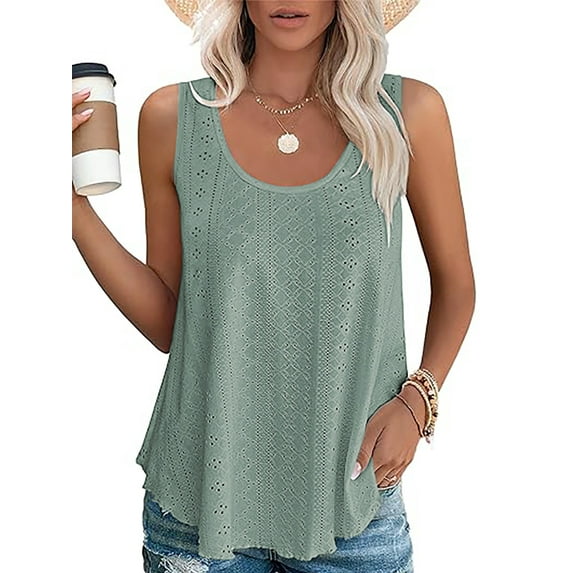 TEMOFON Women Sleeveless Tops Summer Casual Tank Top Scoop Neck Loose Trendy Solid Green T Shirts for Women Size S