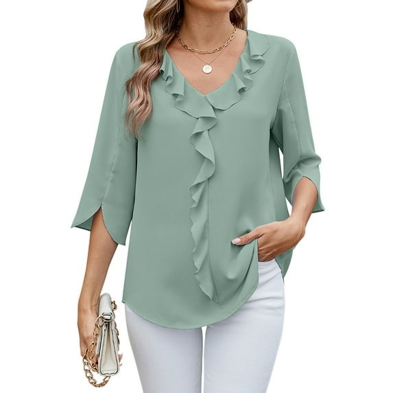 TEMOFON Women Summer Blouses Plus Size Dressy Casual Ruffle V Neck Tops Comfy Loose Fit 3/4 Sleeve Solid Color Chiffon Shirts