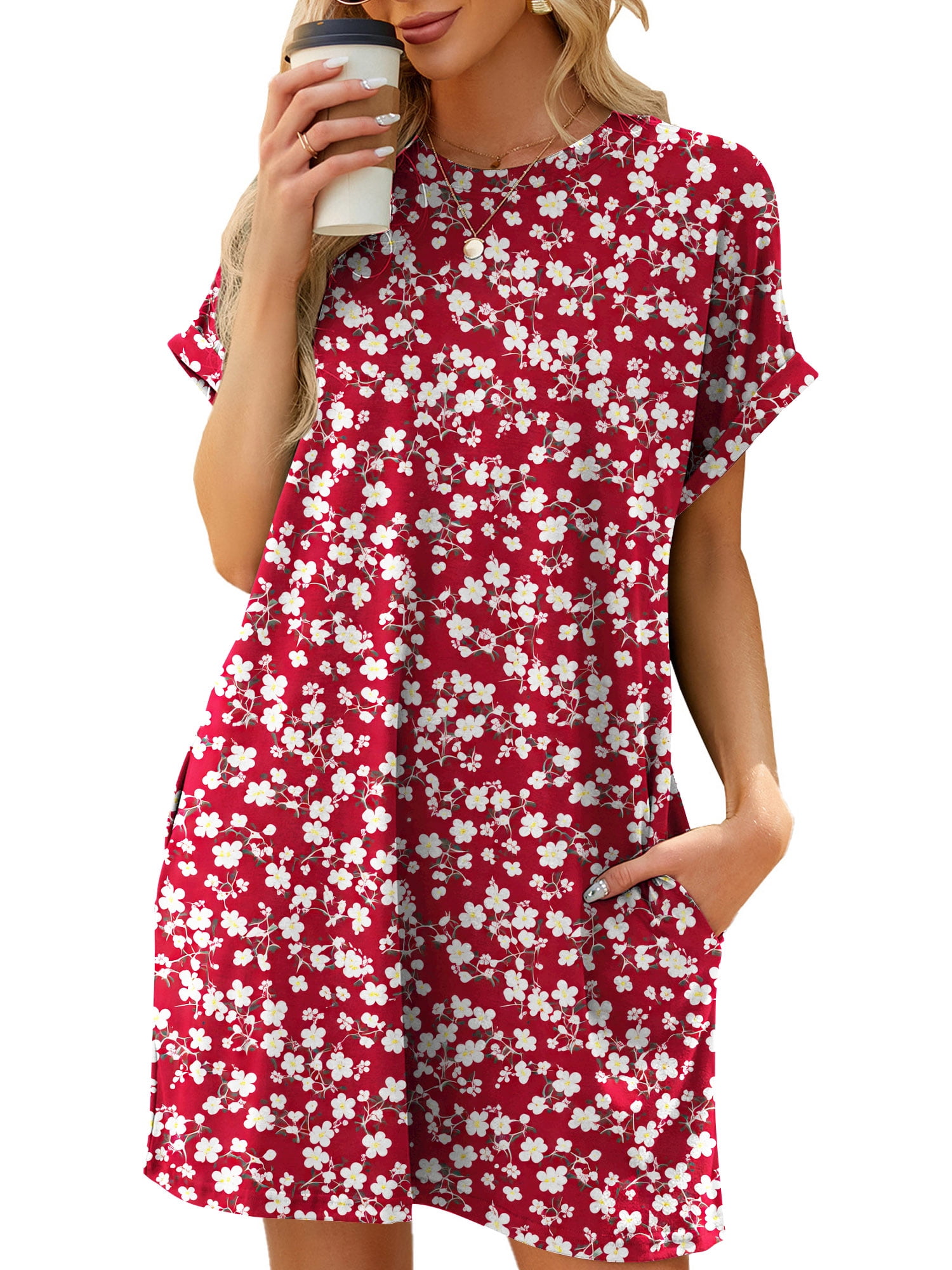 Temofon Women's T-Shirt Dress, Summer Short Sleeve Tunic with Pocket,  Black, Size XL - Walmart.com
