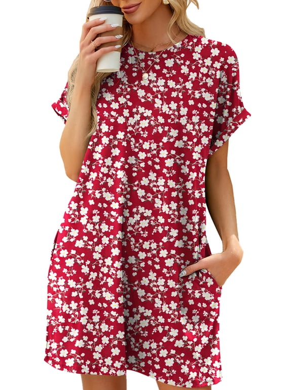 Womens Summer Dresses Crew Neck Short Sleeve Casual Flowy Sundresses Button Floral Midi Dress with Pockets