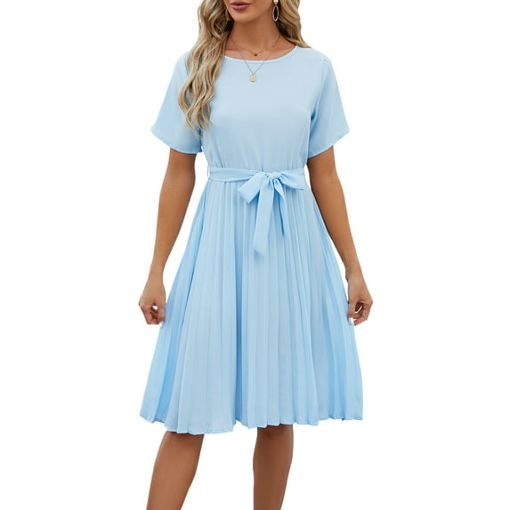 TEMOFON Women Summer Dresses Short Sleeve Crewneck Solid Flare Midi Dress Elegant Blue Pleated Sundress with Waist Tie