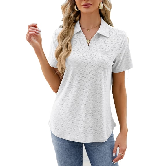 TEMOFON Women Summer T Shirt Casual Loose Tunic Tops Fashion Collared White Shirts for Women With Pocket Size 2XL