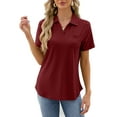 thumbnail image 1 of TEMOFON Women Summer Tops Casual Short Sleeve T Shirts Comfy V Neck Lapel Winered Blouses with Pocket Size 2XL, 1 of 6