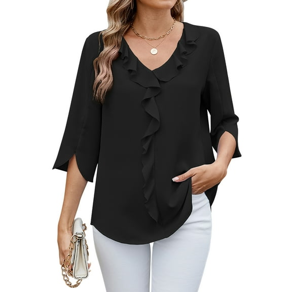 TEMOFON Women Summer Tops Dressy Casual V Neck Ruffle Trim Blouses Comfy Chiffon 3/4 Sleeve Loose Shirts for Women
