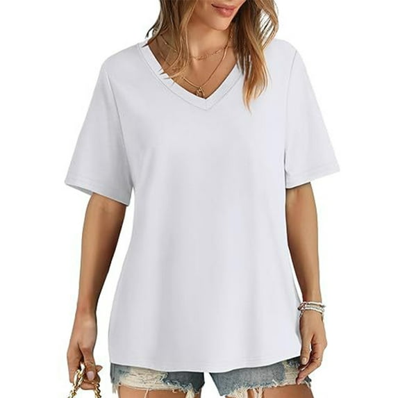 TEMOFON Women Summer Tops Fashion V Neck Tshirts Plus Size Casual Loose Blouses Trendy Solid White Tee Short Sleeve Shirt for Woman Size 2XL