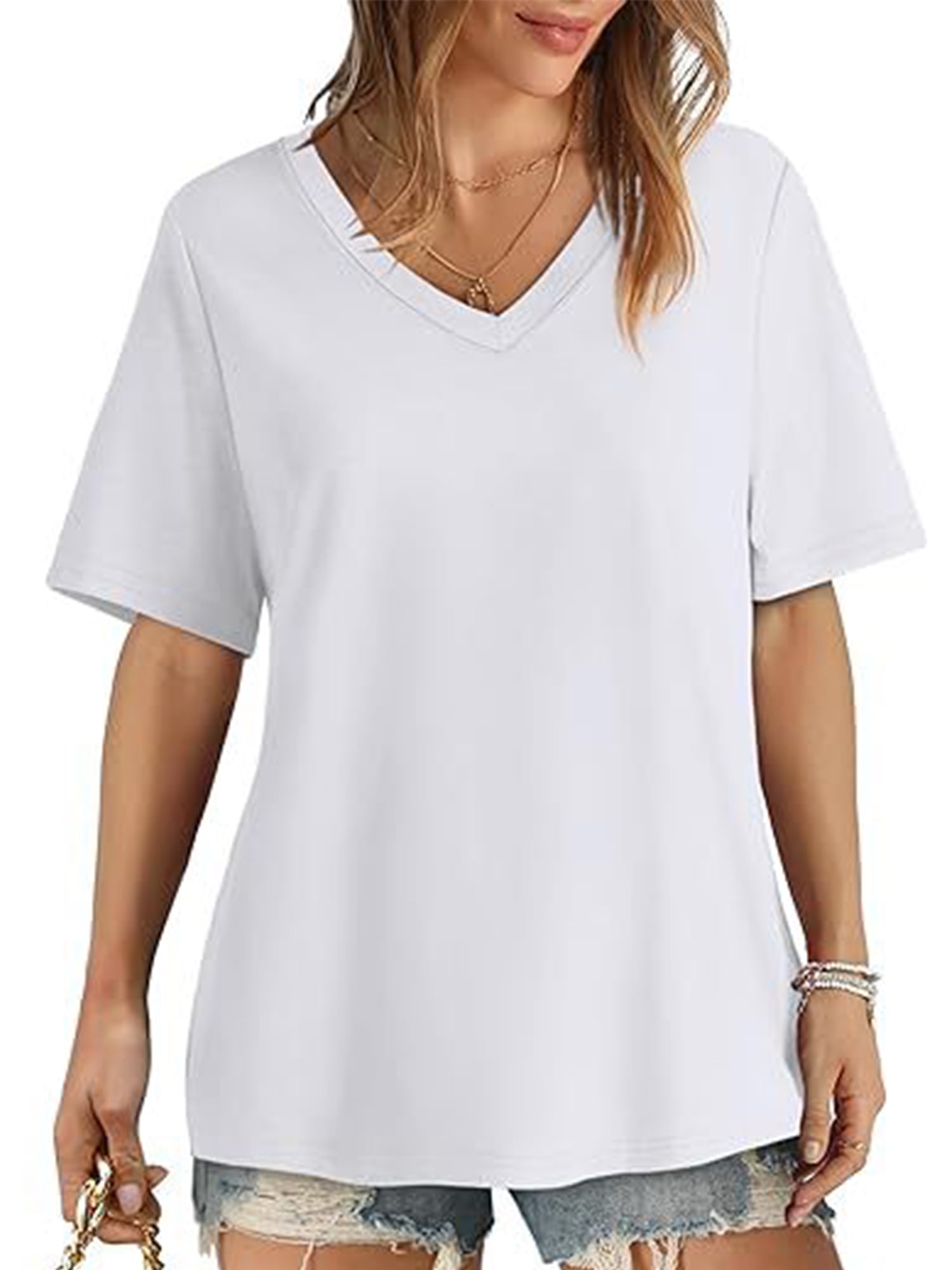 TEMOFON Women Summer Tops Short Sleeve V Neck T Shirts Casual Loose ...