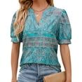 thumbnail image 1 of TEMOFON Women Summer Tops V Neck T Shirts Paisley Casual Puff Sleeve Blouse Henley Shirts Vintage Tunic Fashion Green Flower Print Plus Size XXL, 1 of 5