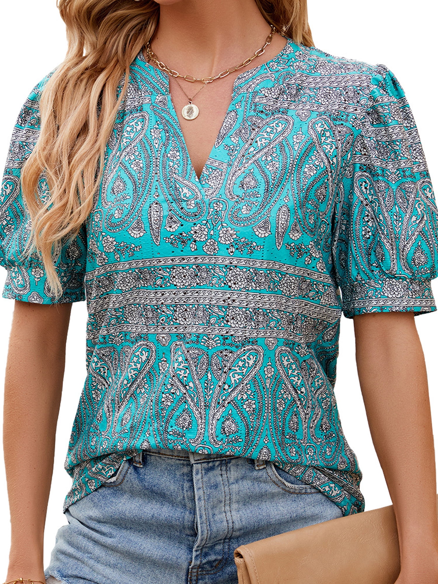 TEMOFON Women Summer Tops V Neck T Shirts Paisley Casual Puff Sleeve ...