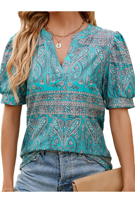 Women Summer Tops V Neck T Shirts Paisley Casual Puff Sleeve Blouse Henley Shirts Vintage Tunic Fashion Green Flower Print Size XL