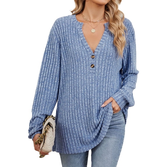 TEMOFON Women Sweater Fall Long Sleeves V Neck Tops Casual Knit Tunic Loose Fit Blue Blouses for Women Size L
