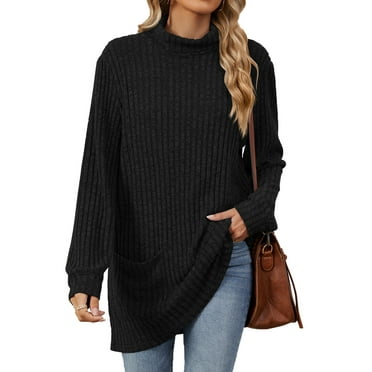 TEMOFON Womens Sweaters Long Sleeve Tunic Tops Casual Fall Turtleneck Soft Sweaters Comfy Shirts Loose Knit Pullover for Women Winter Clothes with Pocket