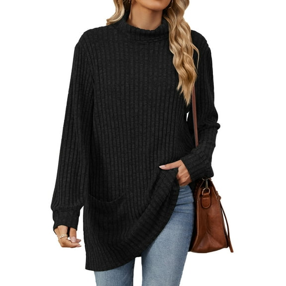 TEMOFON Womens Sweaters Long Sleeve Tunic Tops Casual Fall Turtleneck Soft Sweaters Comfy Shirts Loose Knit Pullover for Women Winter Clothes with Pocket