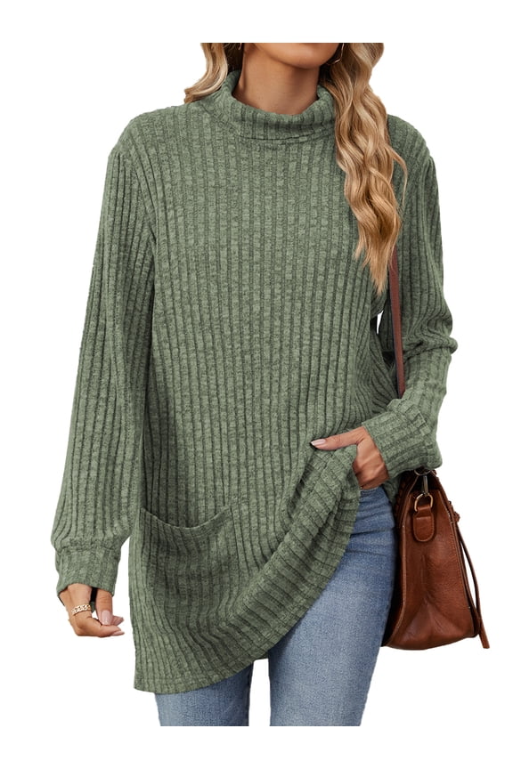 Womens Sweaters Long Sleeve Tunic T Shirts Casual Fall Turtleneck Tops Loose Knit Pullover for Women with Pocket