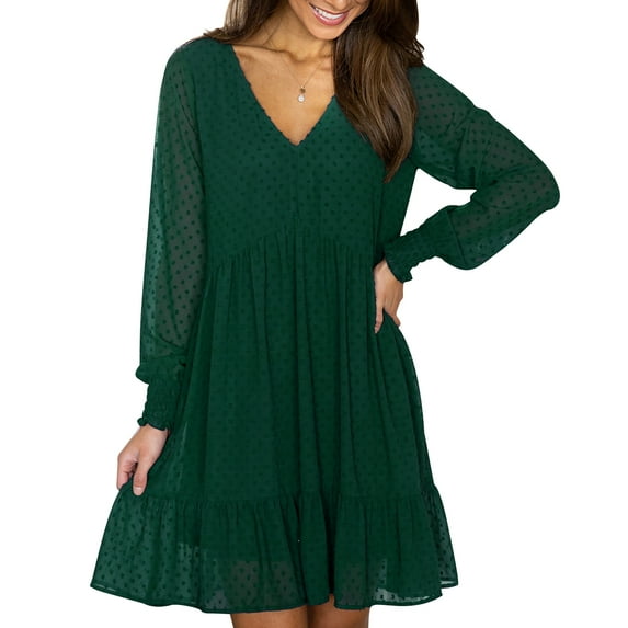 TEMOFON Women Swiss Dot Dress Long Sleeves Short Mini Dress V Neck Flowy Casual Loose Fit Babydoll Dress Green
