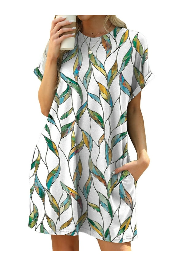 Women T Shirt Dresses Casual Short Sleeve Crewneck Midi Dresses Flowy Beach Sundress with Pockets Womens Clothes Boho Floral Print Swing Vacation Holiday Summer Dresses