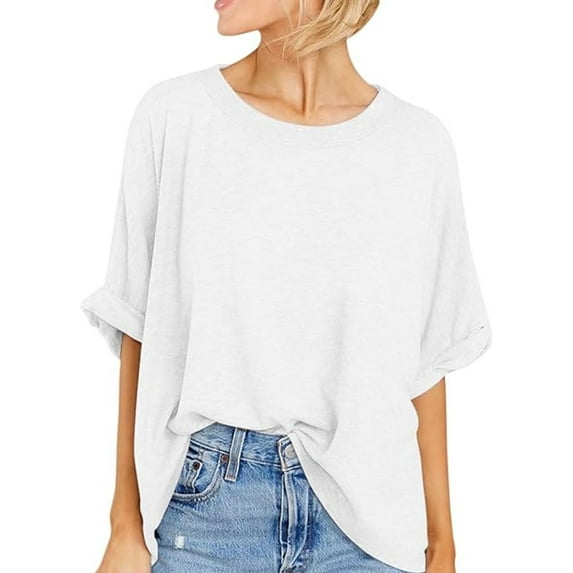TEMOFON Women T-Shirt for Summer Loose Tee Casual Short Sleeve Tops Crewneck Shirts Fashion Solid Color White Basic T Shirts Plus Size M