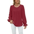 thumbnail image 1 of TEMOFON Women T Shirts Casual Long Sleeve Pleated Pullover Puff Sleeve Chiffon Crewneck Blouses Fashion Solid Color Loose Tunic Lady Tops, 1 of 3