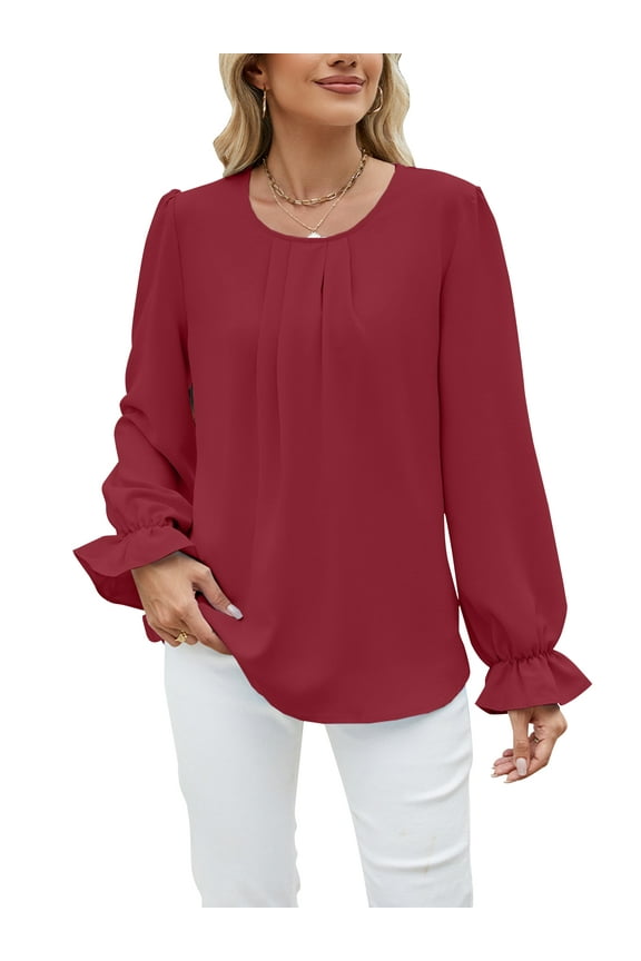 Women T Shirts Casual Long Sleeve Pleated Pullover Puff Sleeve Chiffon Crewneck Blouses Fashion Solid Color Loose Tunic Lady Tops