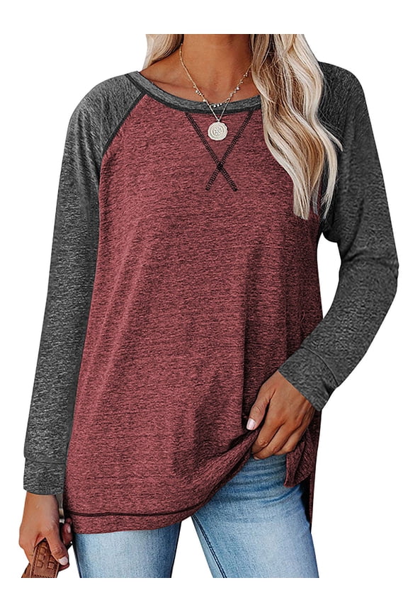 Women T Shirts Casual Long Sleeve Tunic Tops Fall Round Neck Color Block Loose Fit Raglan Blouses Wine Red Block Shirts