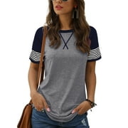 TEMOFON Women T-Shirts Fashion Summer Short Sleeve Top for Women Casual Y2K Tunic Striped Sleeve Shirts Going Out Grey Tees
