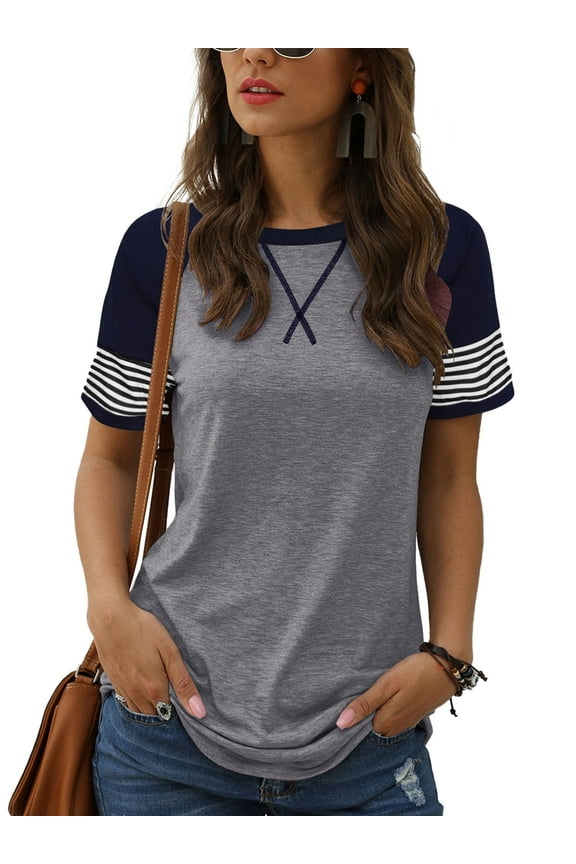 Women T-Shirts Fashion Summer Short Sleeve Top for Women Casual Y2K Tunic Striped Sleeve Shirts Going Out Grey Tees