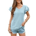 thumbnail image 1 of TEMOFON Women T Shirts Short Sleeve V Neck Tops Summer Fashion Petal Sleeve Shirts Tops Casual Blue Tee Dressy Tops for Women Size L, 1 of 5
