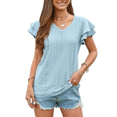 TEMOFON Women T Shirts Short Sleeve V Neck Tops Summer Fashion Petal Sleeve Shirts Tops Casual Blue Tee Dressy Tops for Women Size L