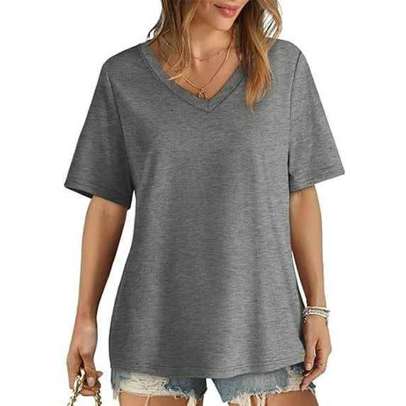 TEMOFON Women T Shirts Summer Casual Short Sleeves Tops Comfy V Neck Gray Shirts Loose Tunic Tops for Women Size S